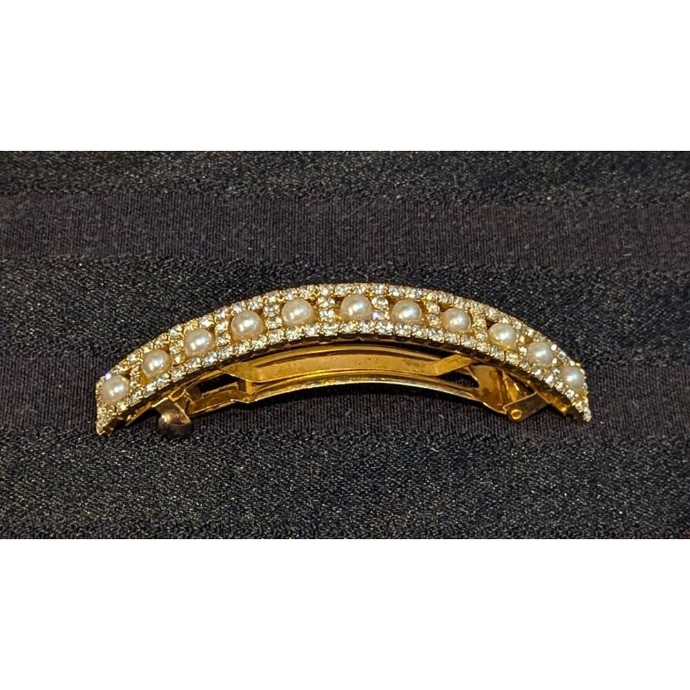 Vintage Gold Tone Faux Pearl & Rhinestone Hair Barrette Clip
